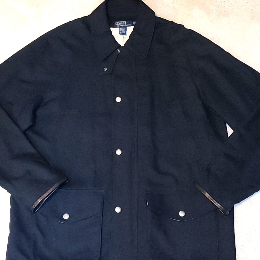 Mens black Polo Ralph Lauren waxed cotton jacket with genuine brown leather trim